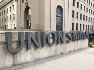 Union Station sign with building in background
