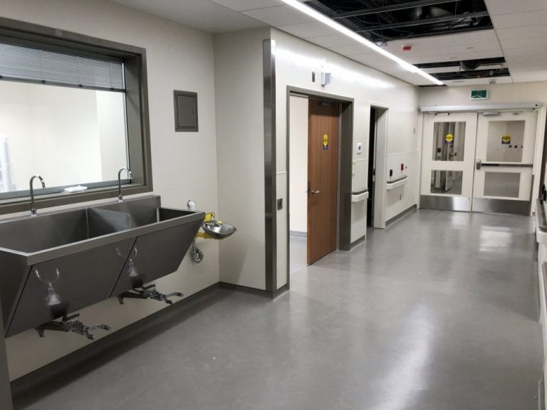 Hospital corridor with double egress doors