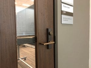 exit device lever trim on classroom door